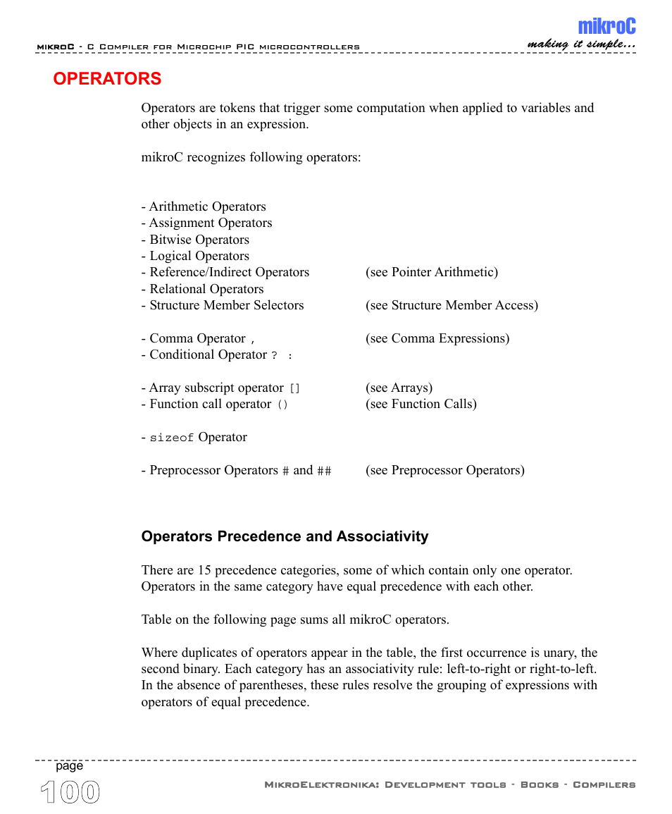 Operators, Operators precedence and associativity, Mikroc | ABL electronic PIC Microcontrollers PIC16 User Manual | Page 108 / 312