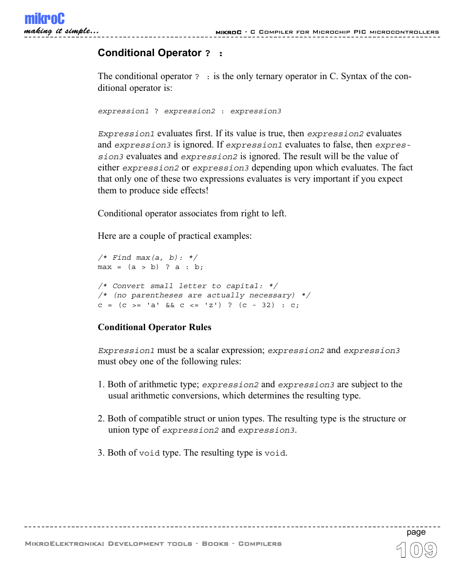 Conditional operator, Mikroc | ABL electronic PIC Microcontrollers PIC16 User Manual | Page 117 / 312