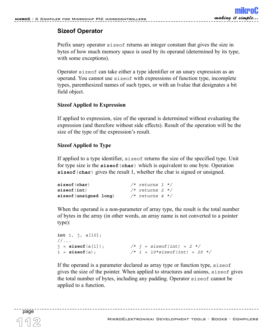 Sizeof operator, Mikroc | ABL electronic PIC Microcontrollers PIC16 User Manual | Page 120 / 312