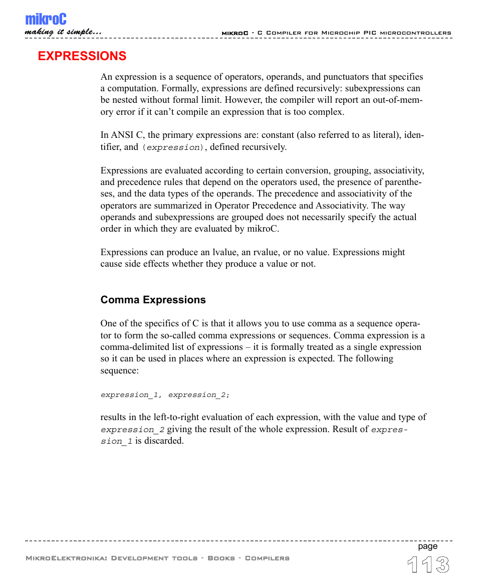 Expressions, Comma expressions, Mikroc | ABL electronic PIC Microcontrollers PIC16 User Manual | Page 121 / 312