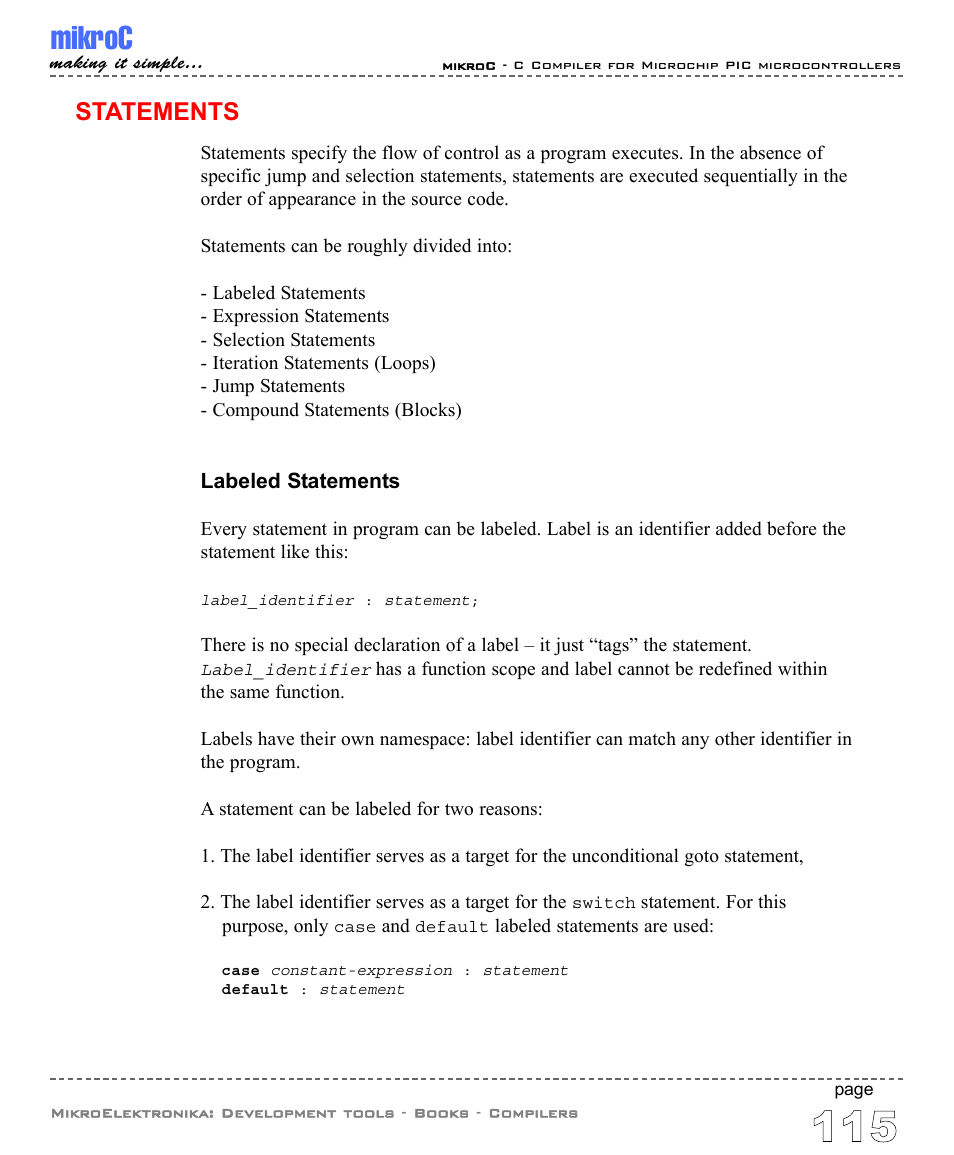 Statements, Labeled statements, Mikroc | ABL electronic PIC Microcontrollers PIC16 User Manual | Page 123 / 312