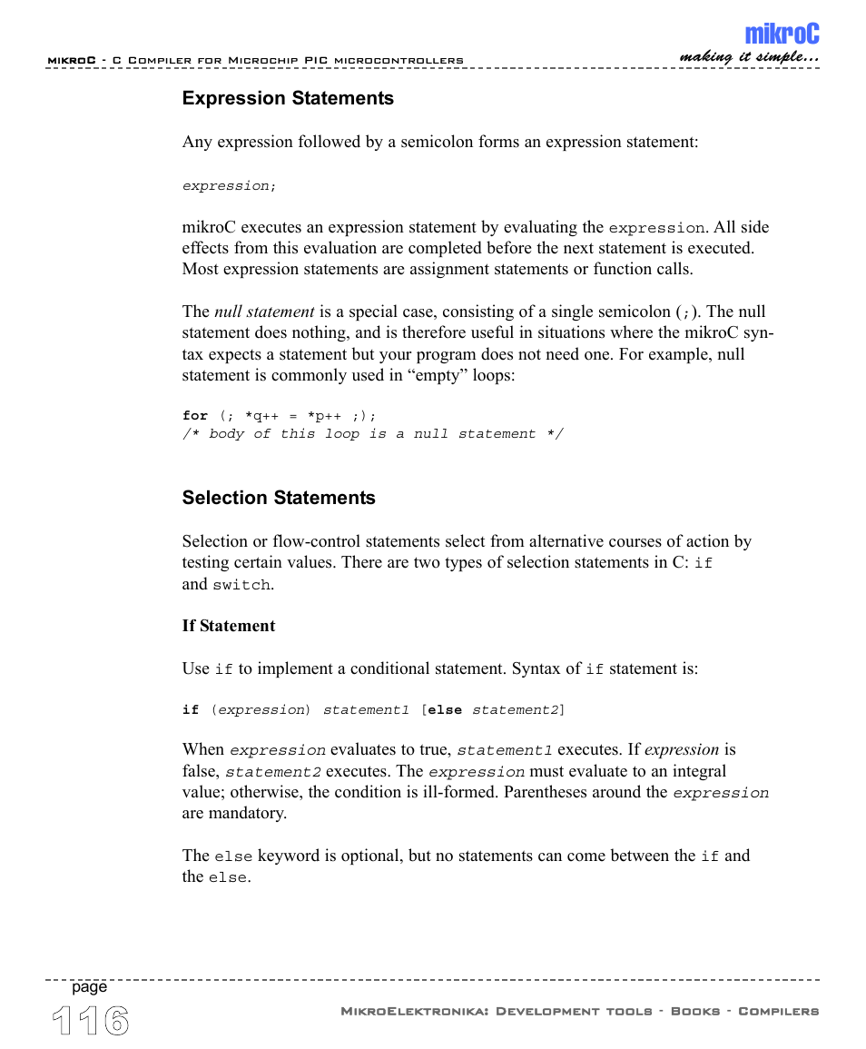 Expression statements, Selection statements, Mikroc | ABL electronic PIC Microcontrollers PIC16 User Manual | Page 124 / 312