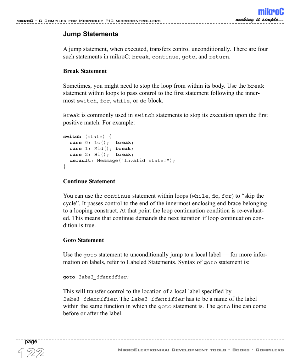 Jump statements, Mikroc | ABL electronic PIC Microcontrollers PIC16 User Manual | Page 130 / 312