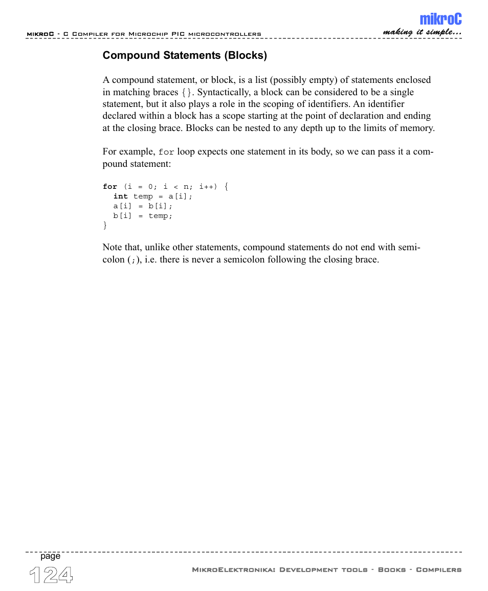 Compound statements (blocks), Mikroc | ABL electronic PIC Microcontrollers PIC16 User Manual | Page 132 / 312