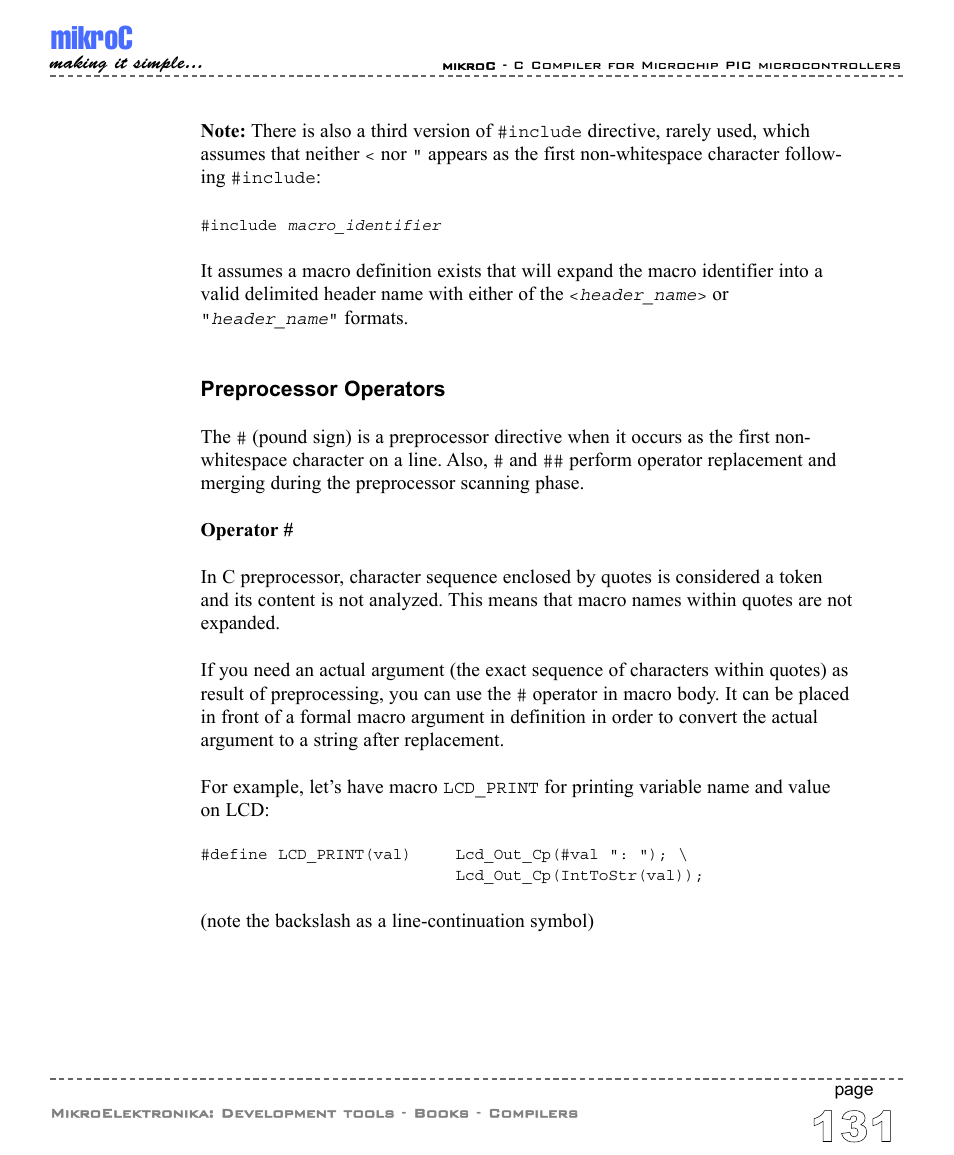 Preprocessor operators, Mikroc | ABL electronic PIC Microcontrollers PIC16 User Manual | Page 139 / 312