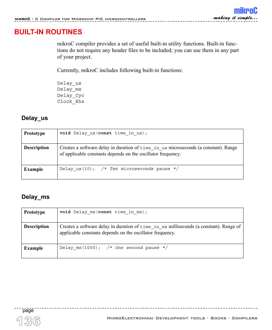 Built-in routines, Mikroc | ABL electronic PIC Microcontrollers PIC16 User Manual | Page 144 / 312