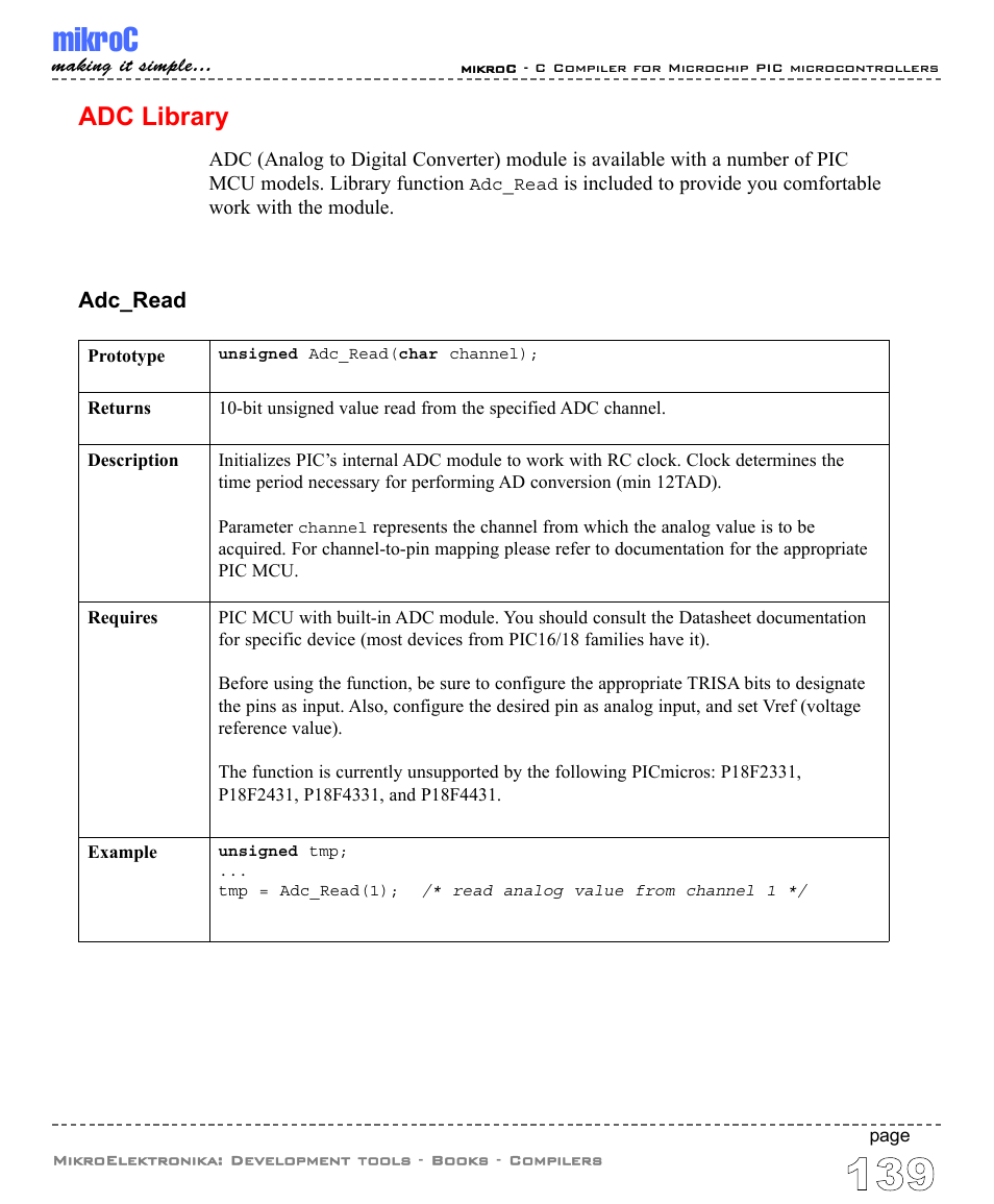 Adc library, Mikroc | ABL electronic PIC Microcontrollers PIC16 User Manual | Page 147 / 312