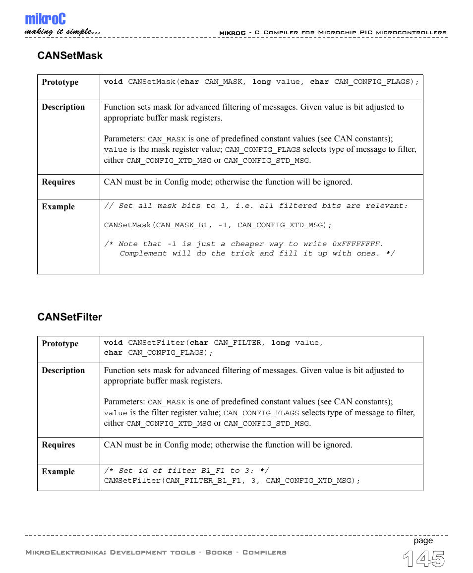 Mikroc, Cansetmask, Cansetfilter | ABL electronic PIC Microcontrollers PIC16 User Manual | Page 153 / 312