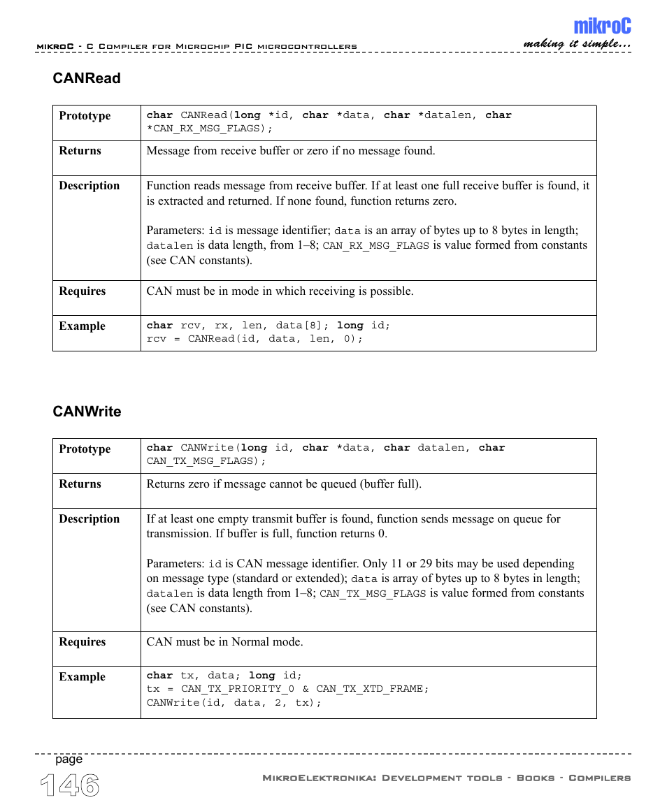 Mikroc, Canread, Canwrite | ABL electronic PIC Microcontrollers PIC16 User Manual | Page 154 / 312