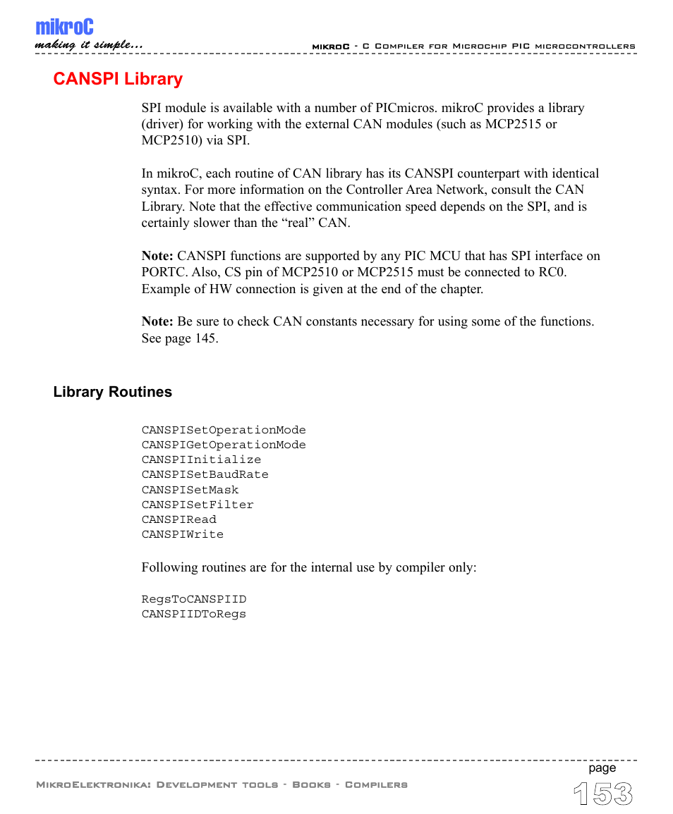 Canspi library, Mikroc | ABL electronic PIC Microcontrollers PIC16 User Manual | Page 161 / 312