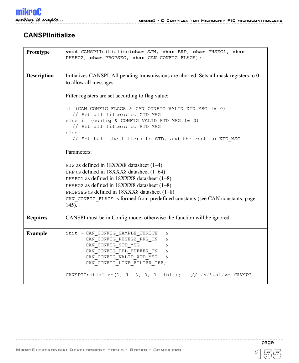 Mikroc, Canspiinitialize | ABL electronic PIC Microcontrollers PIC16 User Manual | Page 163 / 312