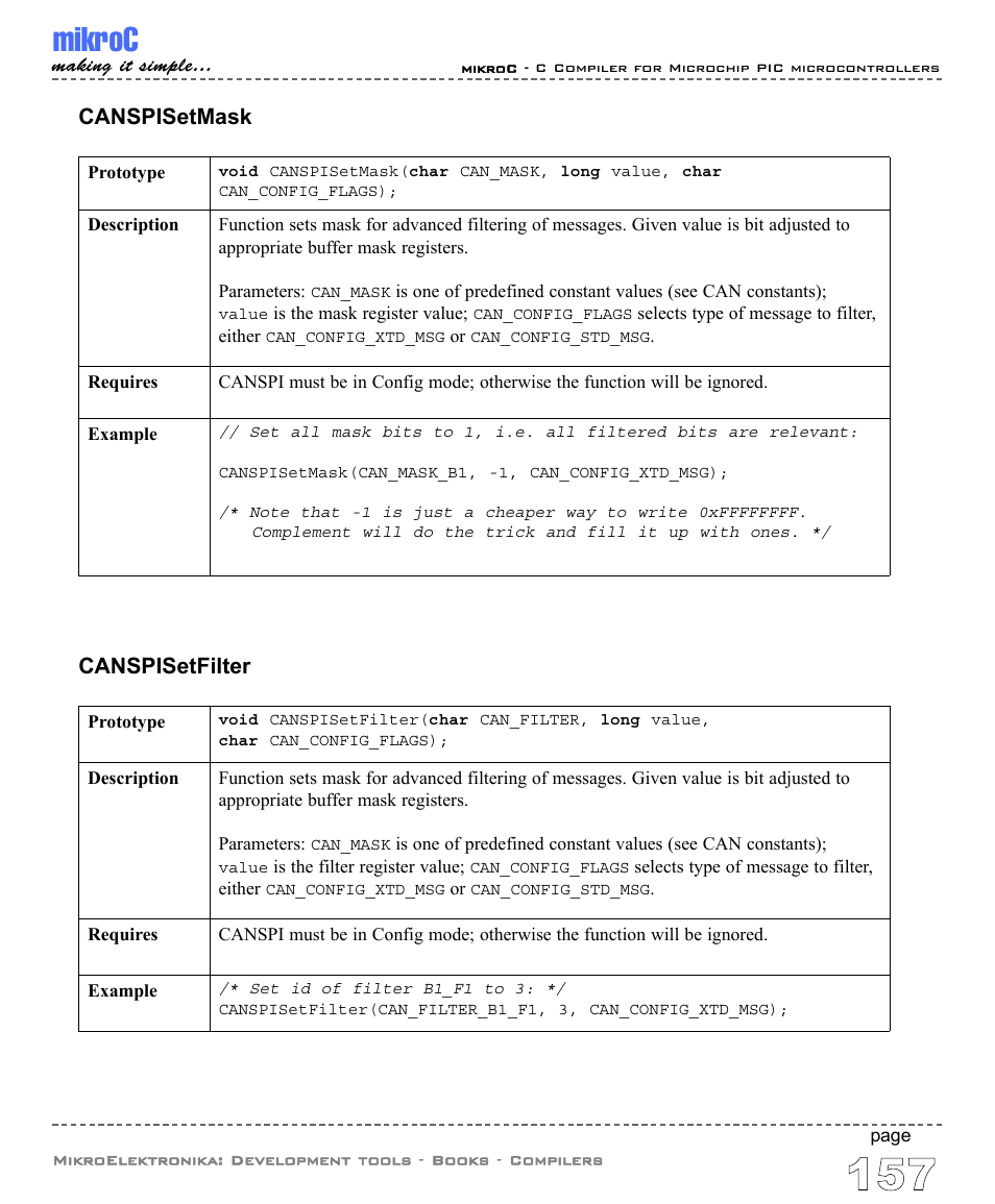 Mikroc, Canspisetmask, Canspisetfilter | ABL electronic PIC Microcontrollers PIC16 User Manual | Page 165 / 312