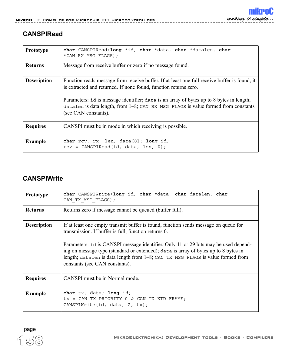 Mikroc, Canspiread, Canspiwrite | ABL electronic PIC Microcontrollers PIC16 User Manual | Page 166 / 312
