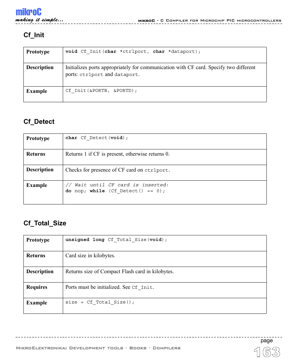 Mikroc, Cf_init, Cf_total_size | Cf_detect | ABL electronic PIC Microcontrollers PIC16 User Manual | Page 171 / 312