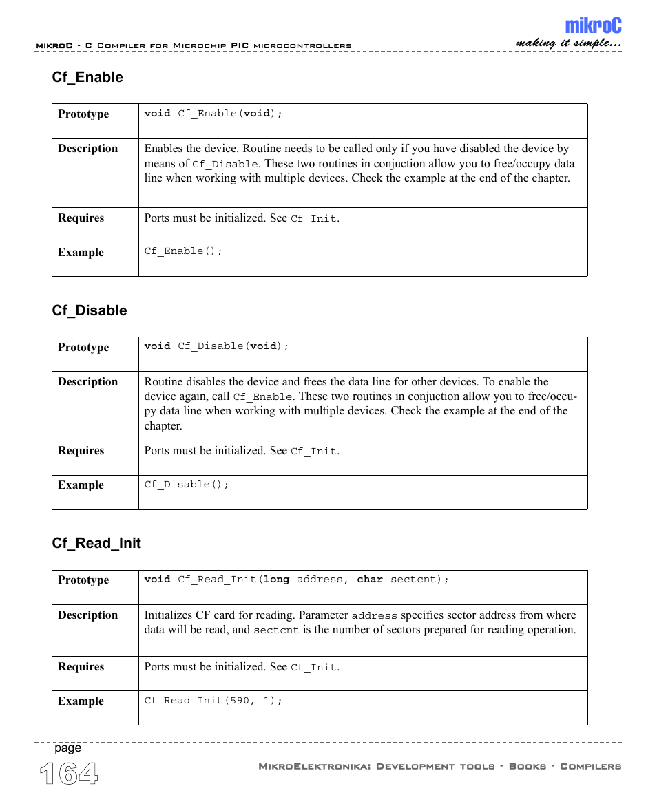 Mikroc, Cf_enable, Cf_read_init | Cf_disable | ABL electronic PIC Microcontrollers PIC16 User Manual | Page 172 / 312