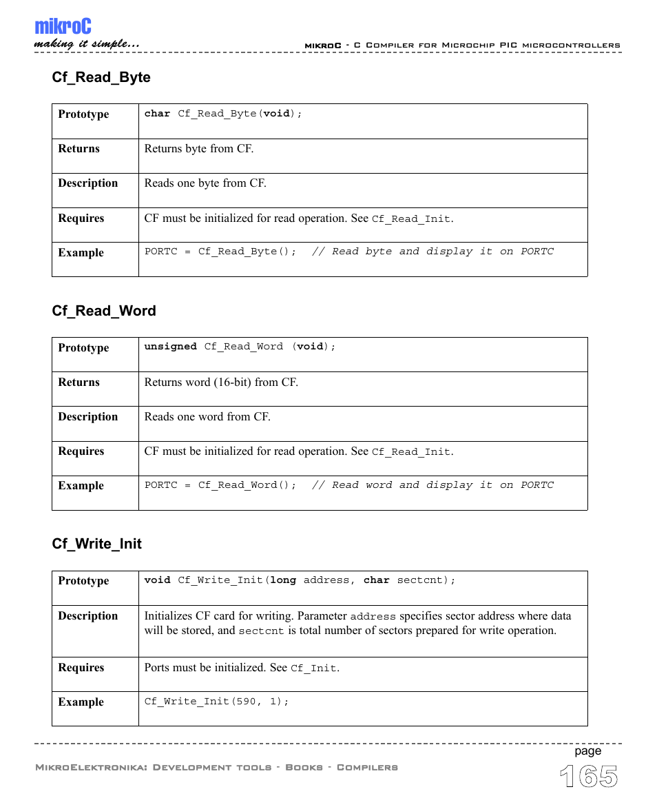Mikroc, Cf_read_byte, Cf_write_init | Cf_read_word | ABL electronic PIC Microcontrollers PIC16 User Manual | Page 173 / 312