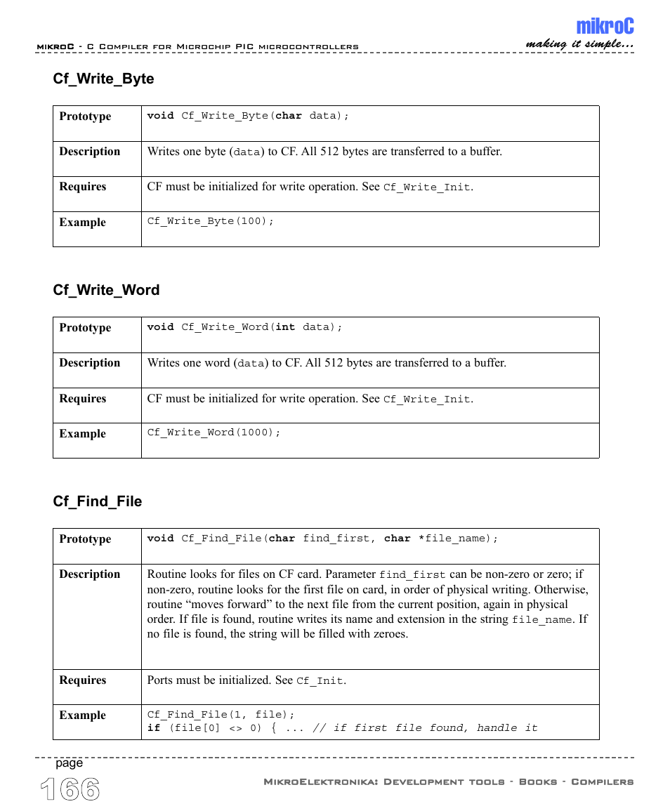 Mikroc, Cf_write_byte, Cf_write_word | Cf_find_file | ABL electronic PIC Microcontrollers PIC16 User Manual | Page 174 / 312