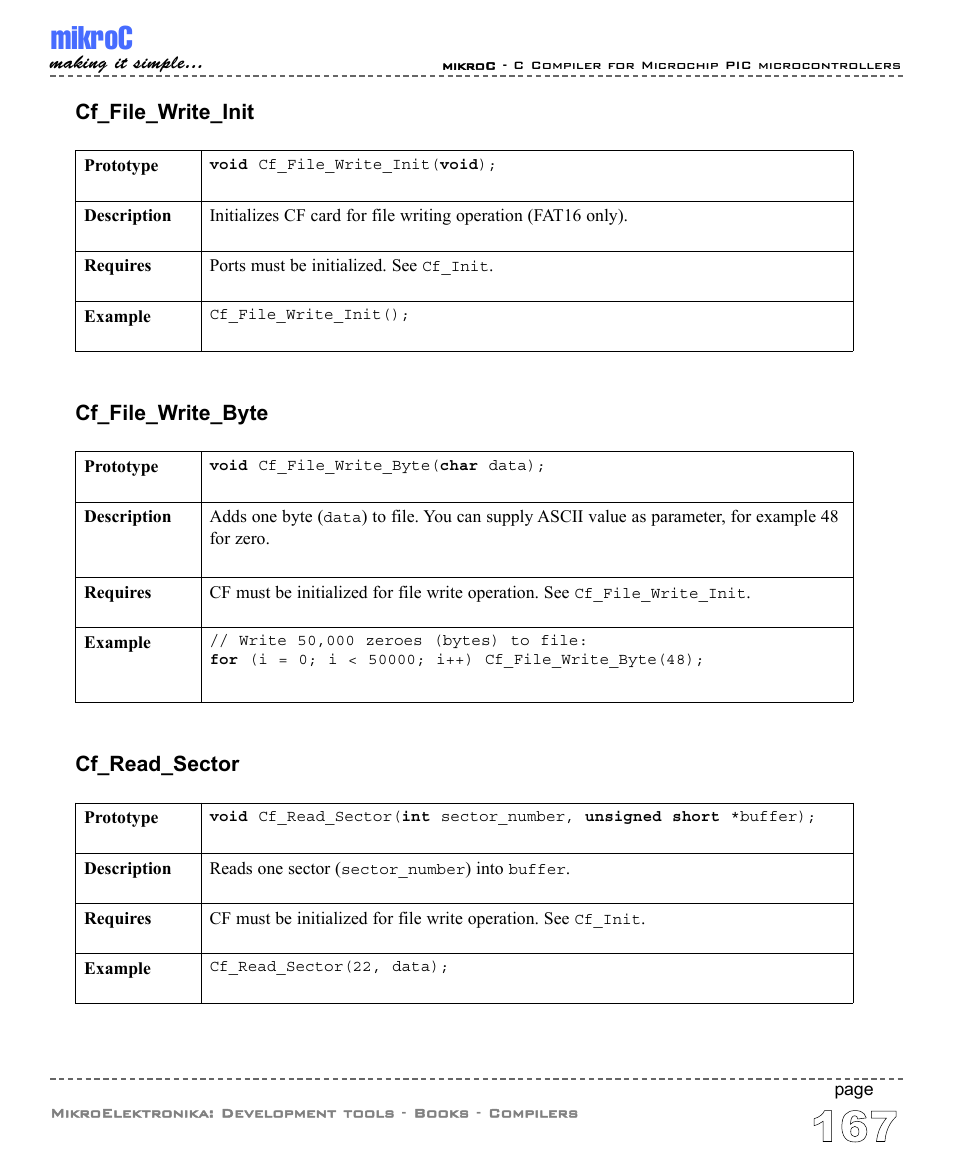 Mikroc, Cf_file_write_byte, Cf_read_sector | Cf_file_write_init | ABL electronic PIC Microcontrollers PIC16 User Manual | Page 175 / 312