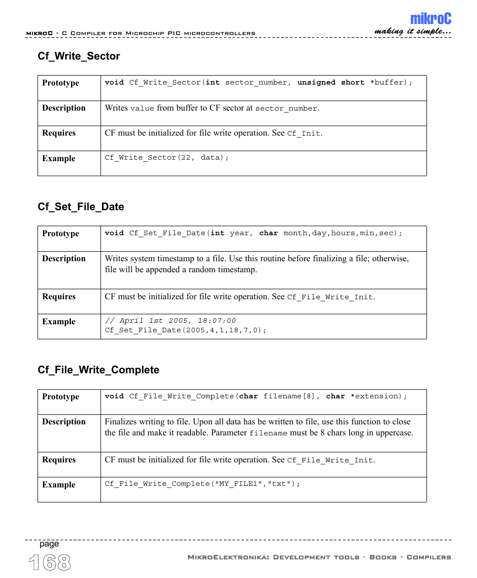 Mikroc, Cf_file_write_complete, Cf_write_sector | Cf_set_file_date | ABL electronic PIC Microcontrollers PIC16 User Manual | Page 176 / 312
