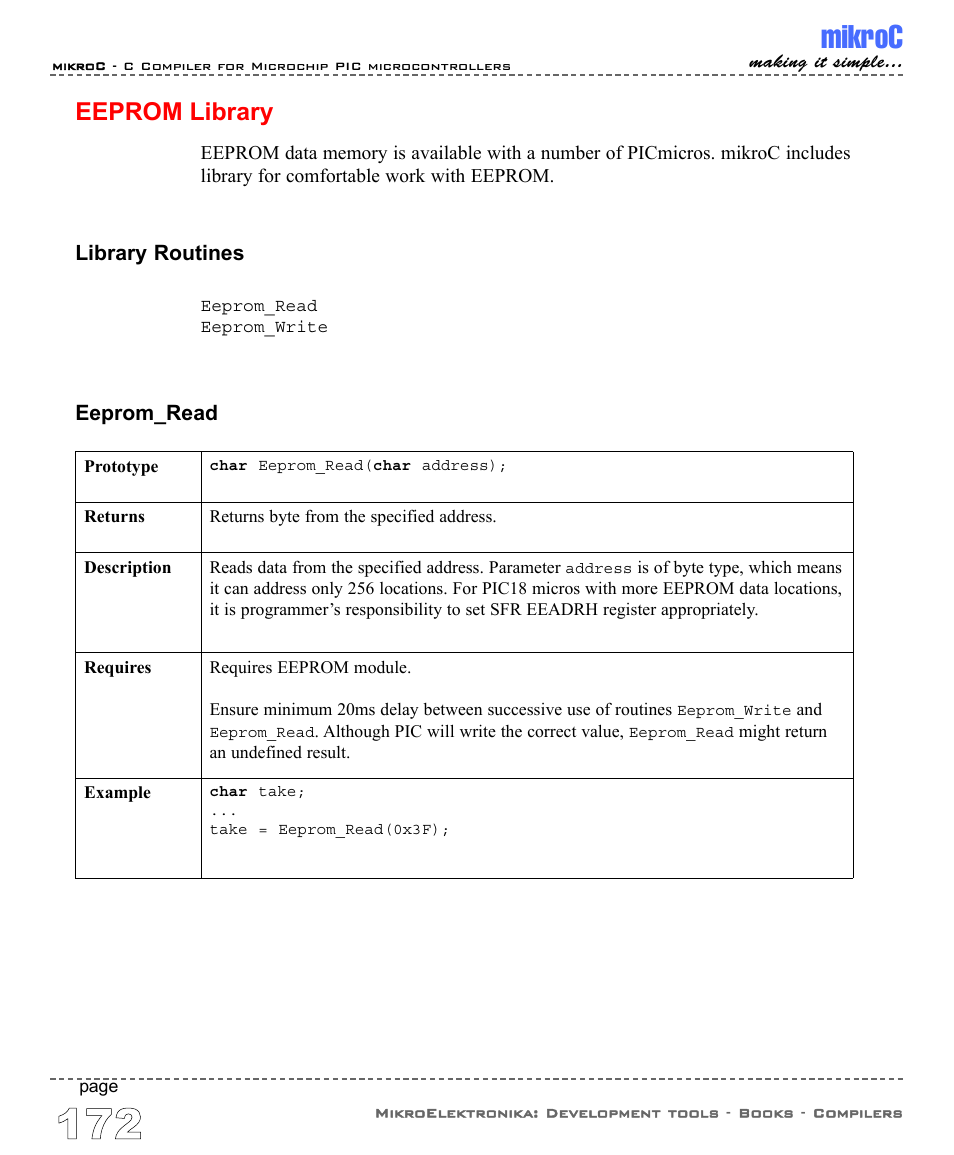 Eeprom library, Mikroc | ABL electronic PIC Microcontrollers PIC16 User Manual | Page 180 / 312