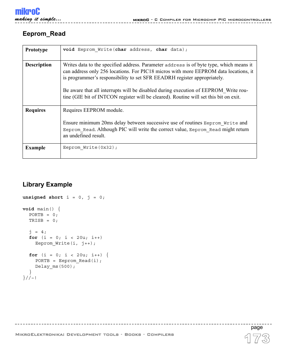 Mikroc, Eeprom_read, Library example | ABL electronic PIC Microcontrollers PIC16 User Manual | Page 181 / 312