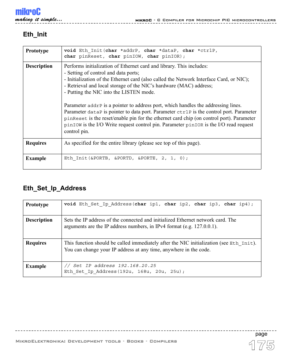 Mikroc, Eth_init, Eth_set_ip_address | ABL electronic PIC Microcontrollers PIC16 User Manual | Page 183 / 312