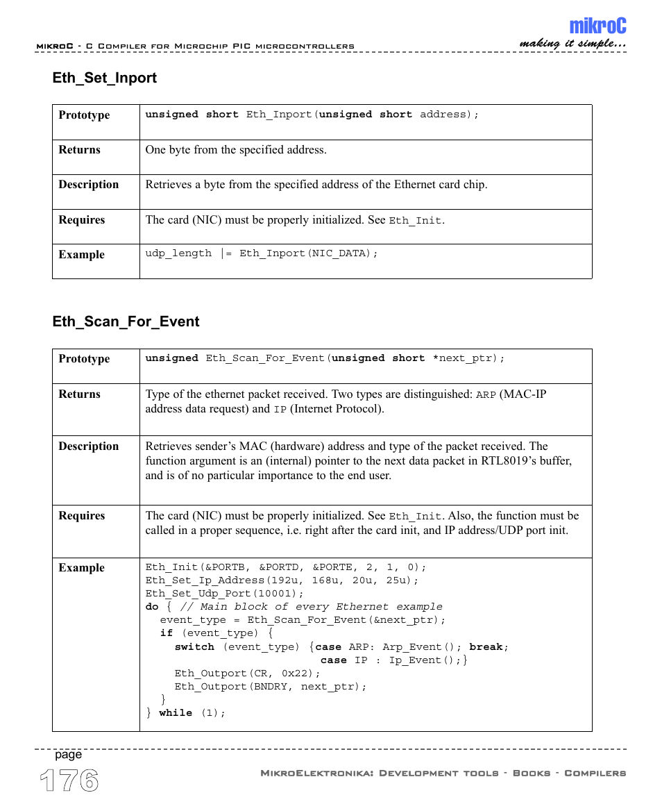 Mikroc, Eth_set_inport, Eth_scan_for_event | ABL electronic PIC Microcontrollers PIC16 User Manual | Page 184 / 312