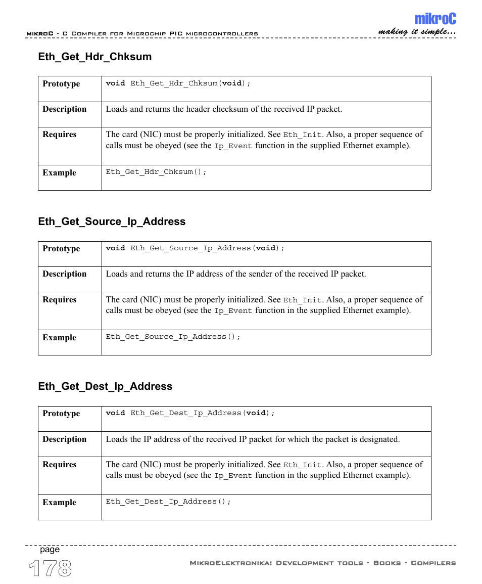 Mikroc, Eth_get_dest_ip_address, Eth_get_hdr_chksum | Eth_get_source_ip_address | ABL electronic PIC Microcontrollers PIC16 User Manual | Page 186 / 312