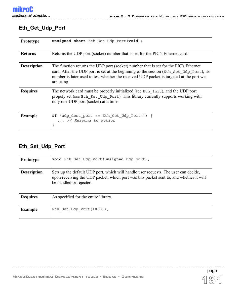 Mikroc, Eth_set_udp_port, Eth_get_udp_port | ABL electronic PIC Microcontrollers PIC16 User Manual | Page 189 / 312