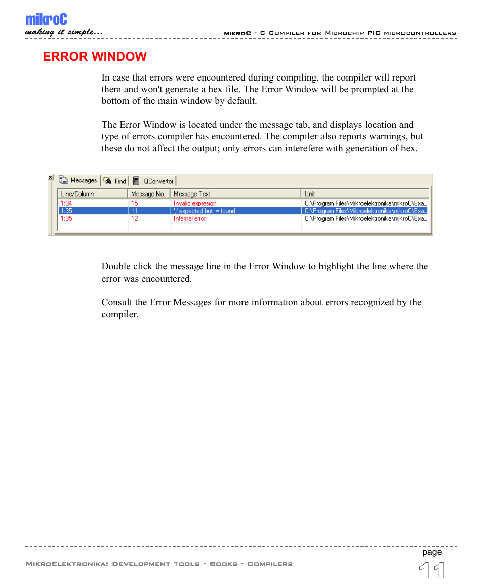 Error window, Mikroc | ABL electronic PIC Microcontrollers PIC16 User Manual | Page 19 / 312