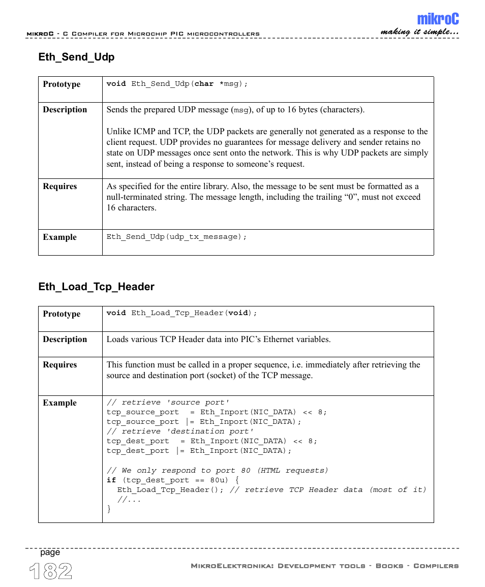 Mikroc, Eth_load_tcp_header, Eth_send_udp | ABL electronic PIC Microcontrollers PIC16 User Manual | Page 190 / 312