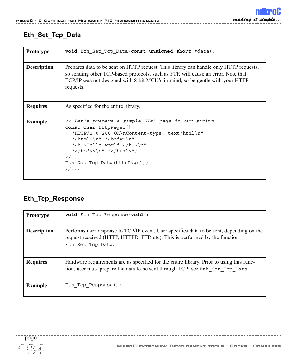 Mikroc, Eth_tcp_response, Eth_set_tcp_data | ABL electronic PIC Microcontrollers PIC16 User Manual | Page 192 / 312