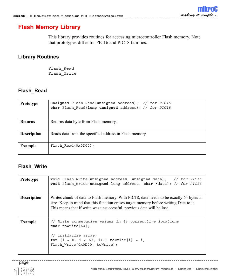 Flash memory library, Mikroc, Library routines | Flash_read, Flash_write | ABL electronic PIC Microcontrollers PIC16 User Manual | Page 194 / 312
