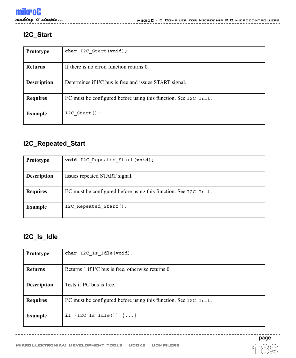 Mikroc, I2c_start, I2c_repeated_start | I2c_is_idle | ABL electronic PIC Microcontrollers PIC16 User Manual | Page 197 / 312