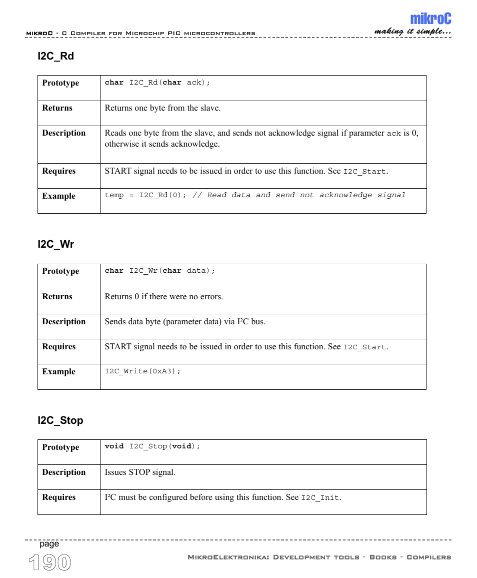 Mikroc, I2c_rd, I2c_wr | I2c_stop | ABL electronic PIC Microcontrollers PIC16 User Manual | Page 198 / 312