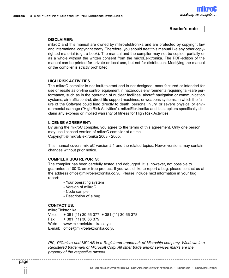Reader's note, Mikroc | ABL electronic PIC Microcontrollers PIC16 User Manual | Page 2 / 312