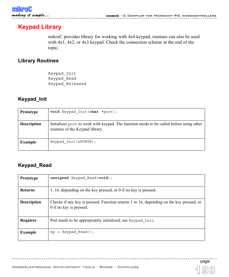 Keypad library, Mikroc | ABL electronic PIC Microcontrollers PIC16 User Manual | Page 201 / 312