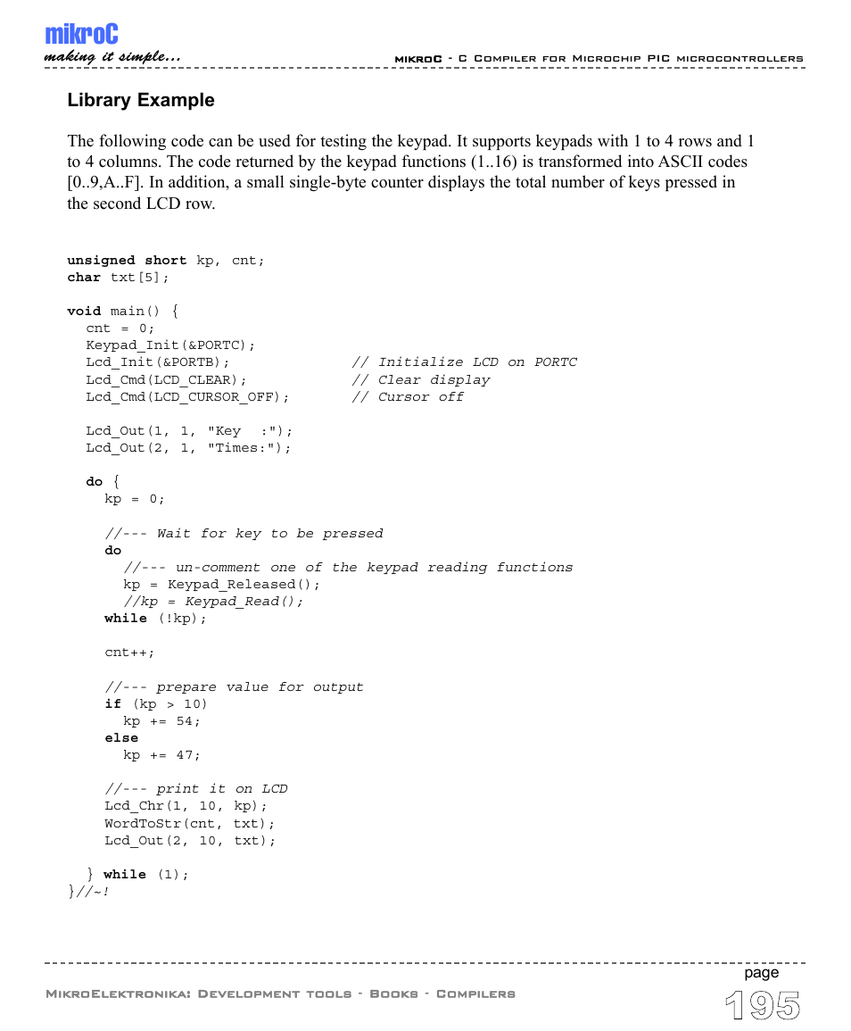 Mikroc, Library example | ABL electronic PIC Microcontrollers PIC16 User Manual | Page 203 / 312