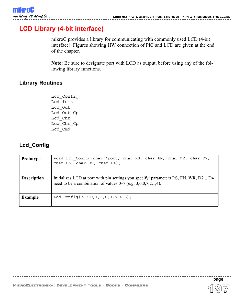Lcd library (4-bit interface), Mikroc | ABL electronic PIC Microcontrollers PIC16 User Manual | Page 205 / 312