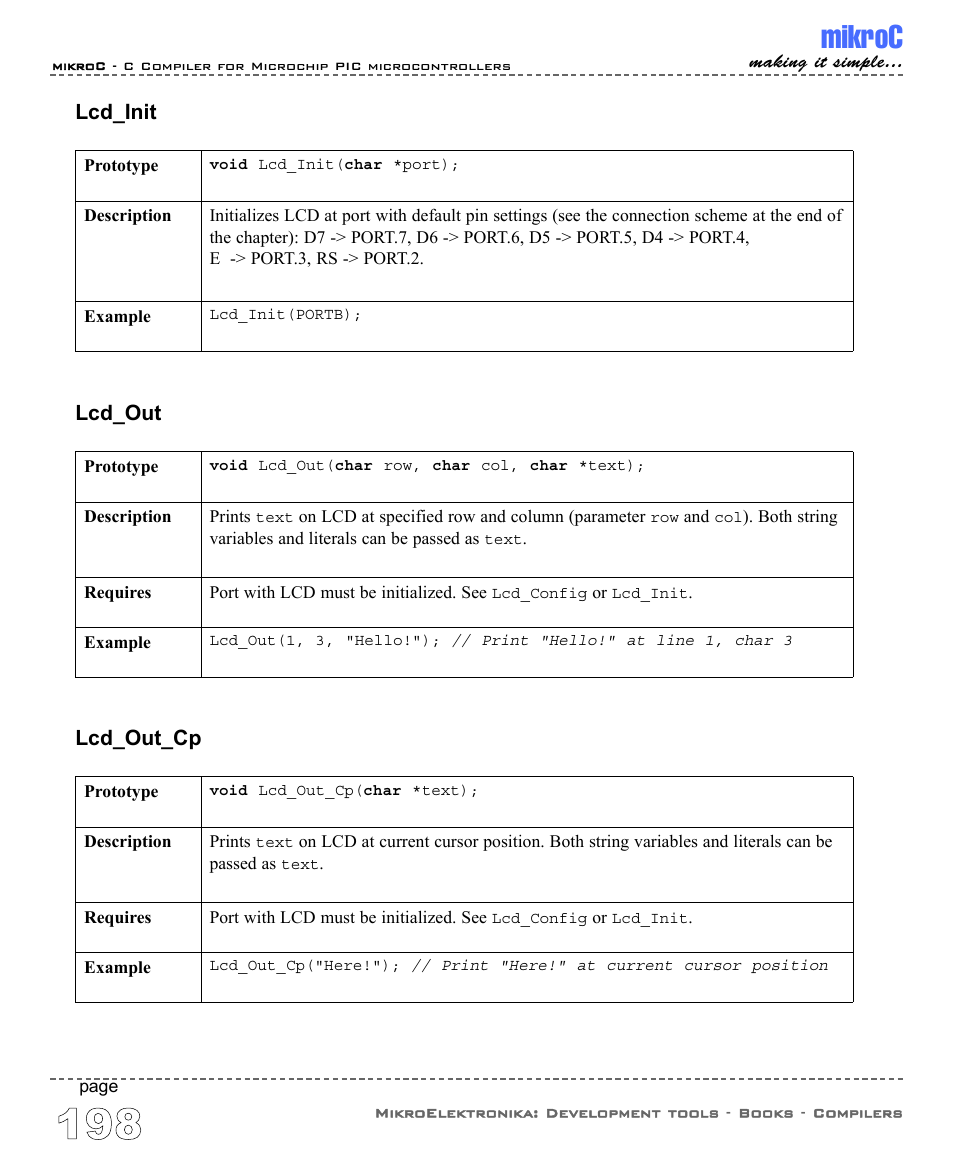 Mikroc, Lcd_init, Lcd_out | Lcd_out_cp | ABL electronic PIC Microcontrollers PIC16 User Manual | Page 206 / 312