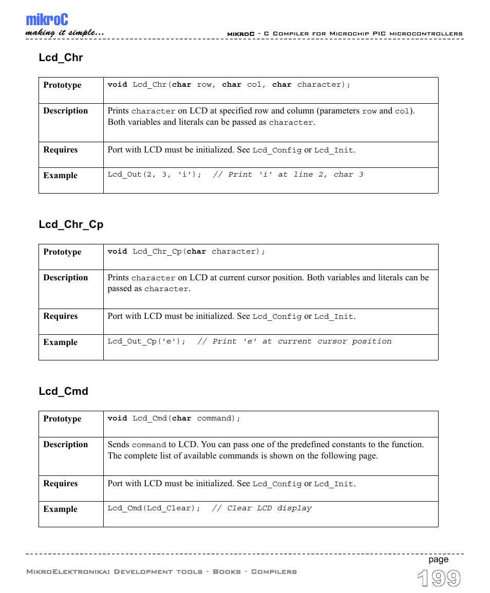 Mikroc, Lcd_chr, Lcd_chr_cp | Lcd_cmd | ABL electronic PIC Microcontrollers PIC16 User Manual | Page 207 / 312