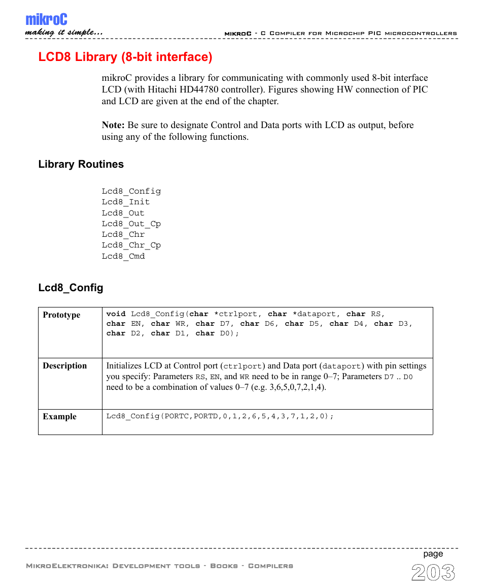 Lcd8 library (8-bit interface), Mikroc | ABL electronic PIC Microcontrollers PIC16 User Manual | Page 211 / 312