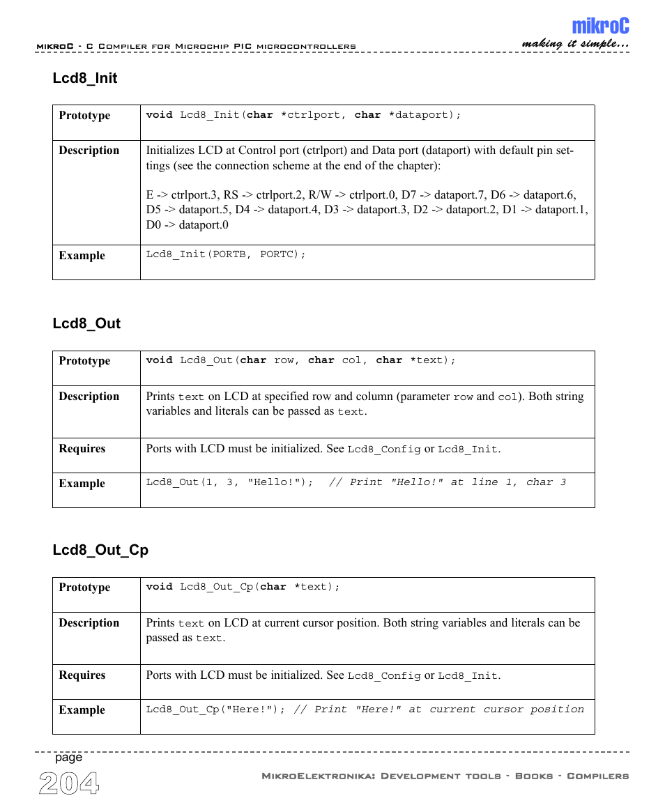 Mikroc, Lcd8_init, Lcd8_out | Lcd8_out_cp | ABL electronic PIC Microcontrollers PIC16 User Manual | Page 212 / 312