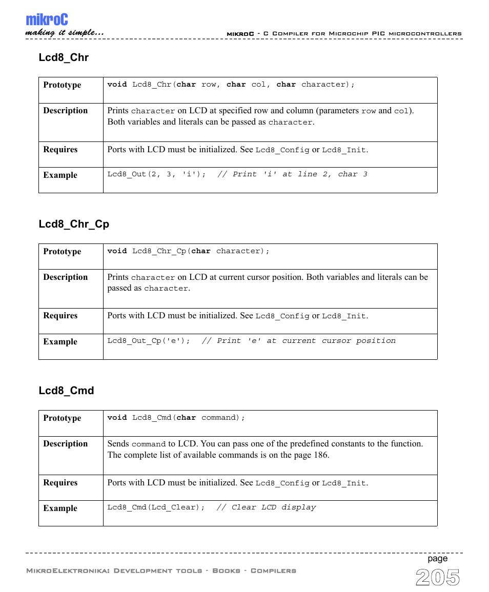 Mikroc, Lcd8_chr, Lcd8_chr_cp | Lcd8_cmd | ABL electronic PIC Microcontrollers PIC16 User Manual | Page 213 / 312