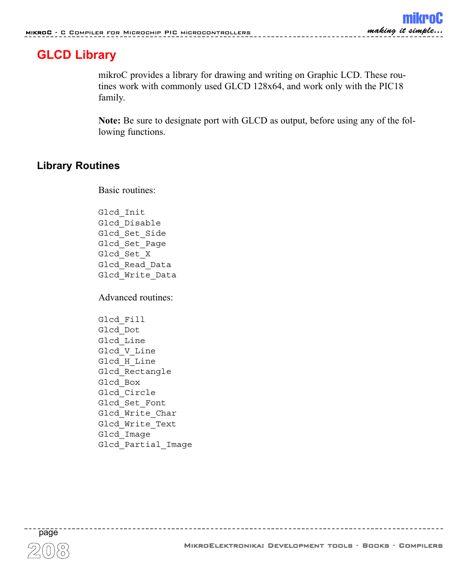 Glcd library, Mikroc | ABL electronic PIC Microcontrollers PIC16 User Manual | Page 216 / 312