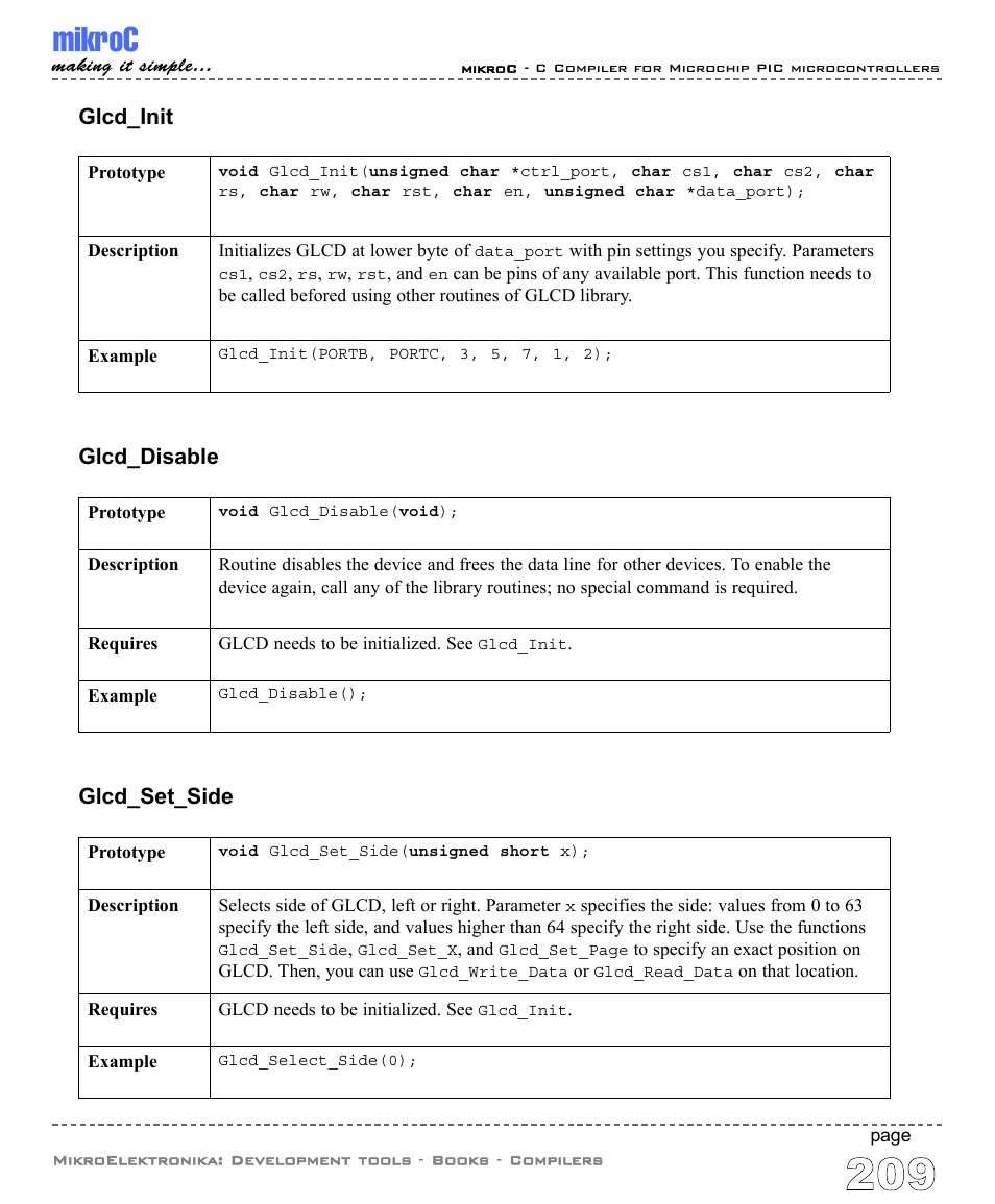 Mikroc, Glcd_init, Glcd_disable | Glcd_set_side | ABL electronic PIC Microcontrollers PIC16 User Manual | Page 217 / 312