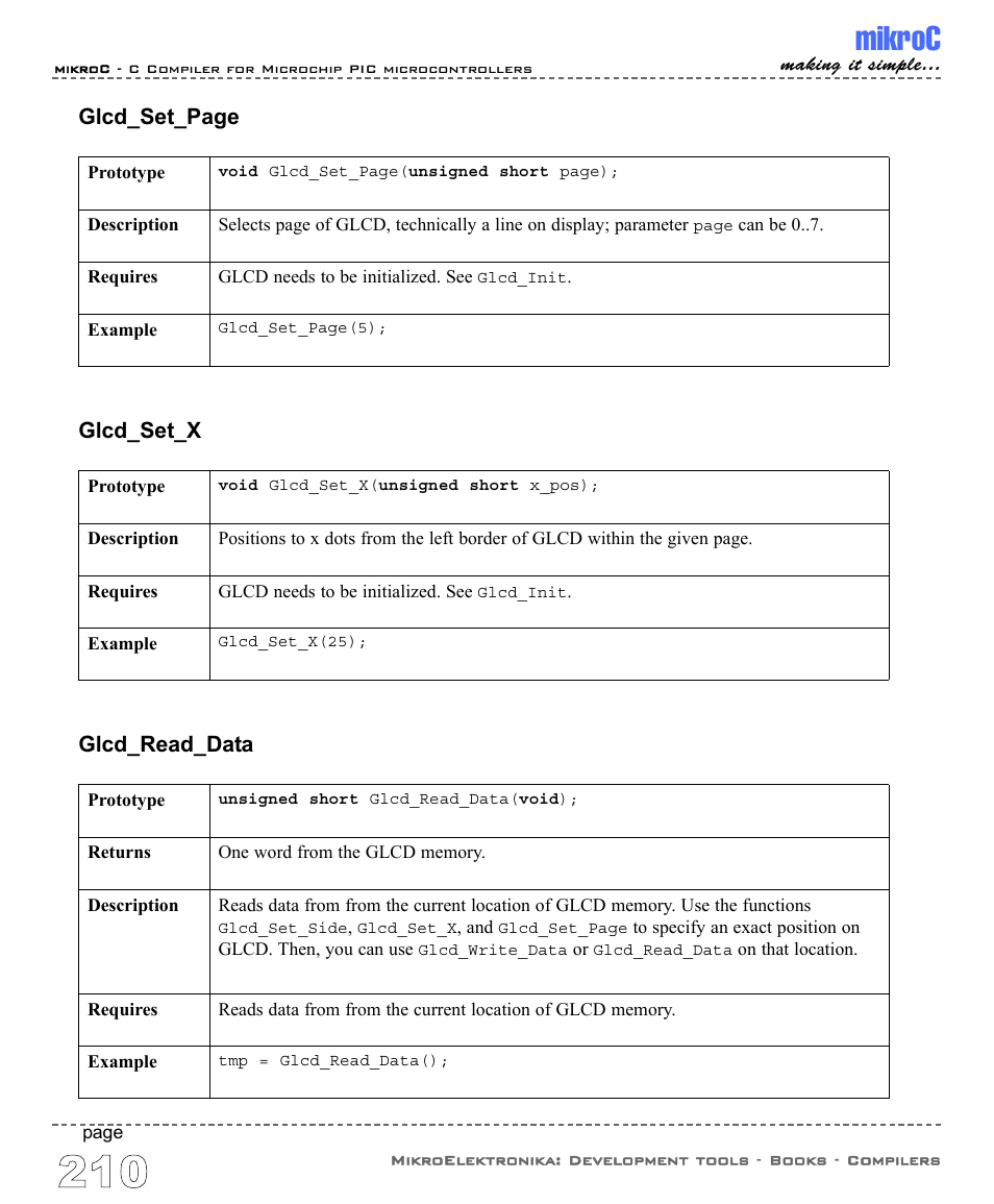 Mikroc, Glcd_set_page, Glcd_set_x | Glcd_read_data | ABL electronic PIC Microcontrollers PIC16 User Manual | Page 218 / 312