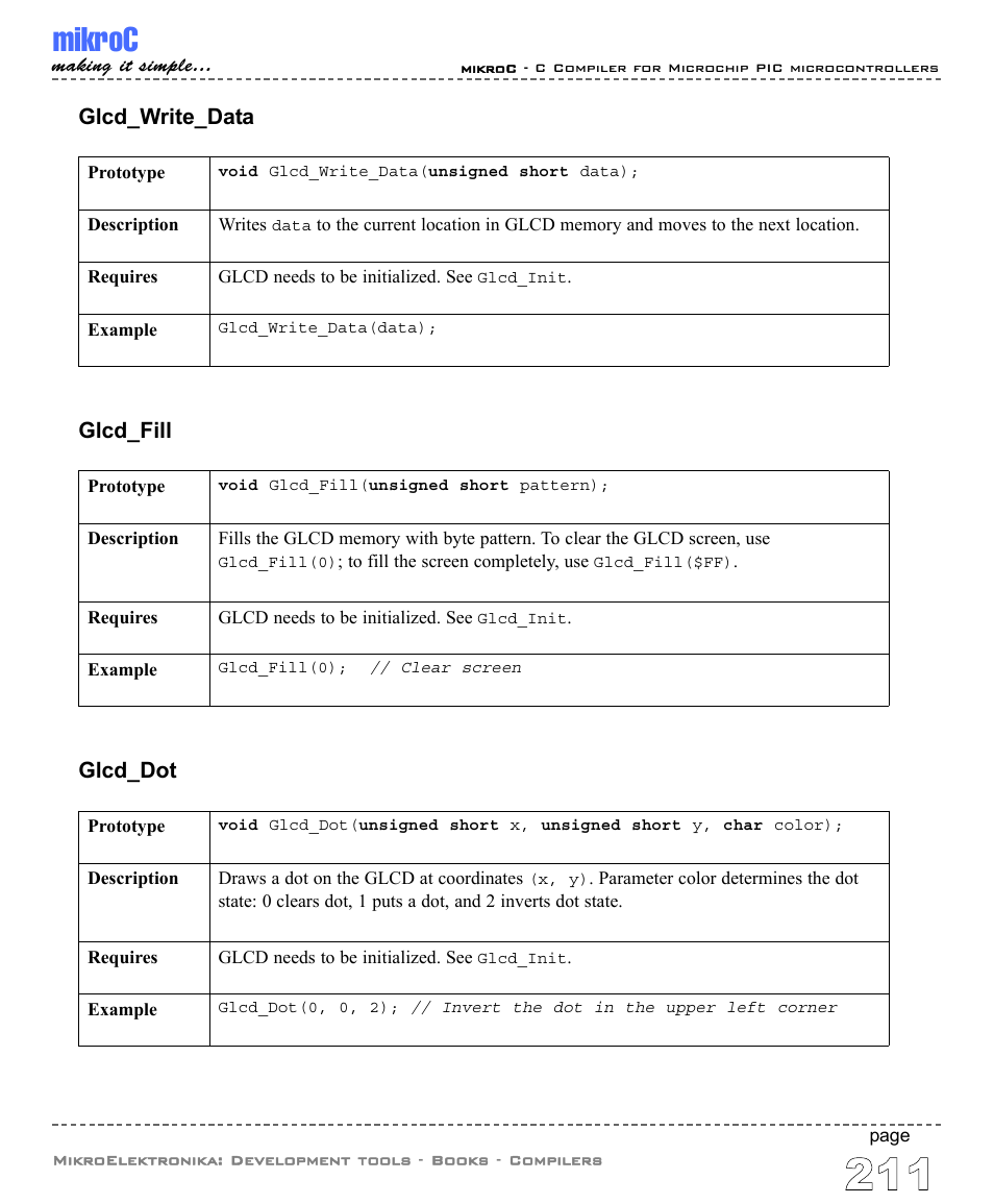 Mikroc, Glcd_write_data, Glcd_fill | Glcd_dot | ABL electronic PIC Microcontrollers PIC16 User Manual | Page 219 / 312