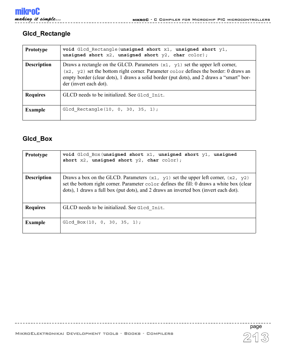 Mikroc, Glcd_rectangle, Glcd_box | ABL electronic PIC Microcontrollers PIC16 User Manual | Page 221 / 312