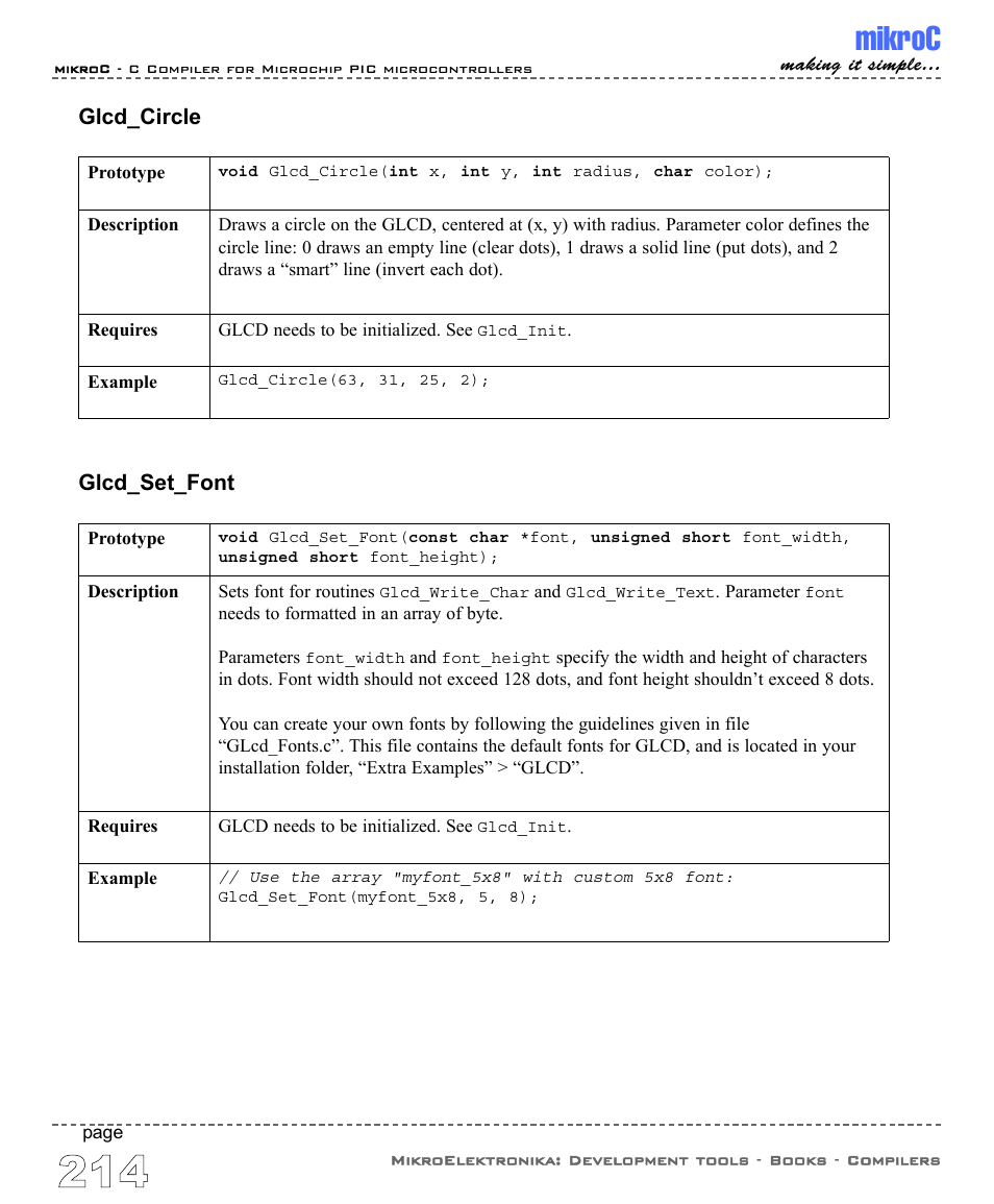 Mikroc, Glcd_circle, Glcd_set_font | ABL electronic PIC Microcontrollers PIC16 User Manual | Page 222 / 312